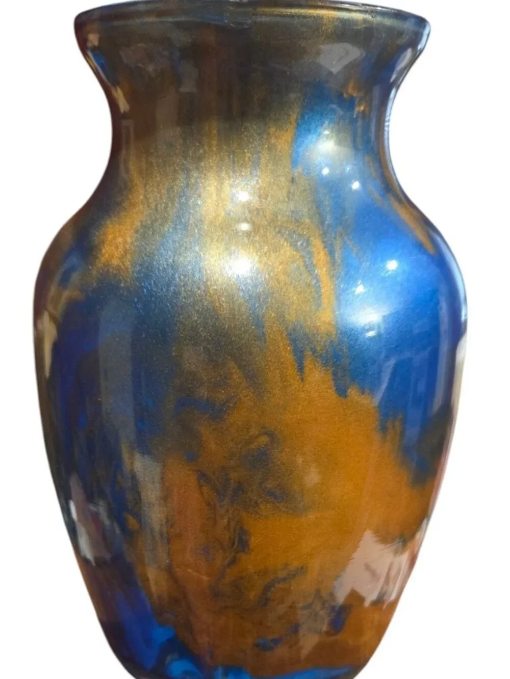 Abstract Fluid Art Glass 7 inch Vase in Metallic Blue Gold Copper, Handmade Art